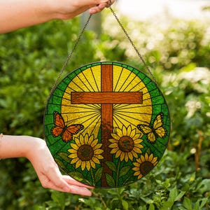 Cross Stained Glass Suncatcher, Christian Window Hanging Decor, Easter Faith Gift, Religious Home Accent, Floral Cross Wall Art for Mom