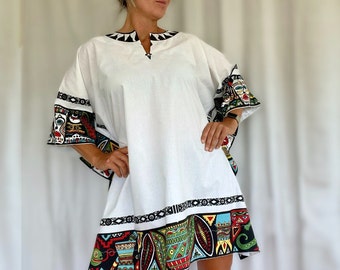 Cotton Caftan Bikini Cover Up, Short Kaftan, Batik Hand Printed Textile. One Size