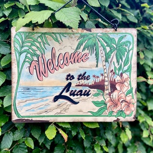 Enseigne de jardin en métal Luau vintage des années 1960 : décoration de barbecue hawaïenne rétro