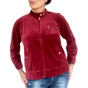 Retro Velour Tab Collar Zip Jacket, Y2K Style Warm Up Tracksuit Top. M/L