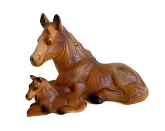 Ranch Decor, Ceramic Mare and Foal Vintage Horse Statue, Equestrian Gift