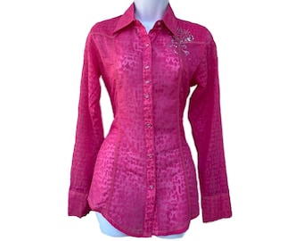 Y2K Rhinestone Cowgirl Blouse: Sheer Western Shirt, Size S