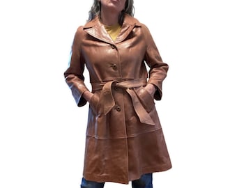 Vintage 1970s Leather Jacket, Tan Car Coat, Tie Waist Leather Trench Coat, Removable Belt. L