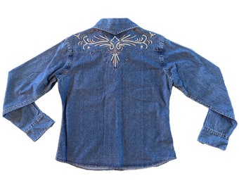 90s Vintage Denim Shirt, Brooks & Dunn Panhandle Slim Western Aesthetic Embellished Blouse, Pearl Snaps. US 8. M, L