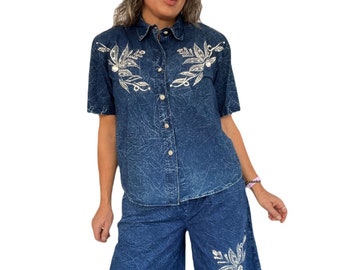 Western esthetisch vintage acid wash denim shirt, shorts set, betoverde strass kleding uit de jaren 80