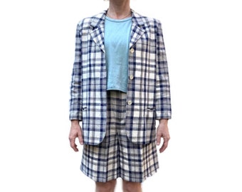 Vintage 80s Plaid Linen Shorts Suit, Two Piece Matched Set, Oversized Summer Blazer and High Rise Shorts. US 2. XS. S