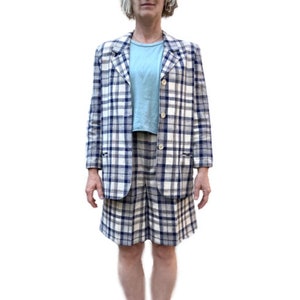80s Vintage Plaid Linen Shorts Suit: Oversized Blazer Set