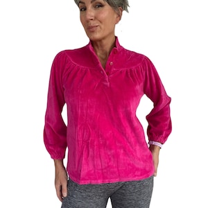 80s Velour Sweater: Hot Pink Puffy Sleeve Top, Size M