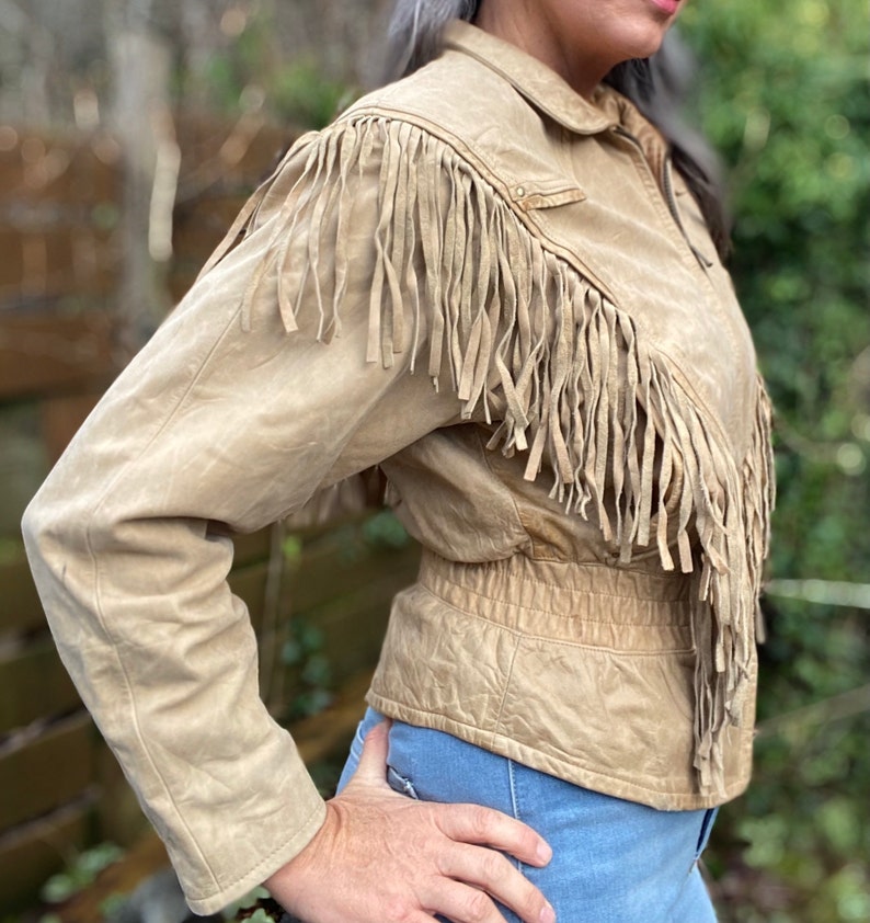 80s Fringed Jacket. Cropped Leather Western Fringe Jacket. Vintage Westernwear Leather Bomber Jacket. M. L image 2