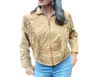 Veste à franges des années 80. Veste à franges occidentales en cuir coupé. veste bomber en cuir vintage Westernwear. M. L