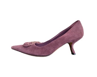 90s Vintage PRADA Suede Kitten Heels, Pointed Toe Y2K Prada Heels, Purple Suede, Italian. 36