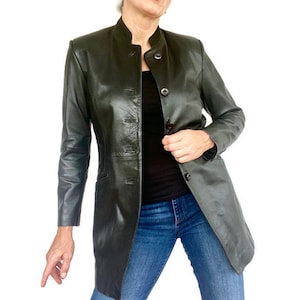 Blouson en cuir vintage des années 90, veste mi-longue avec col patte de boutonnage, manteau de voiture en cuir élégant, ajusté et évasé. H