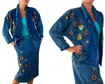 Costume Power des années 80, veste en jean surdimensionnée ornée d'acide délavé et tailleur jupe. L. XL