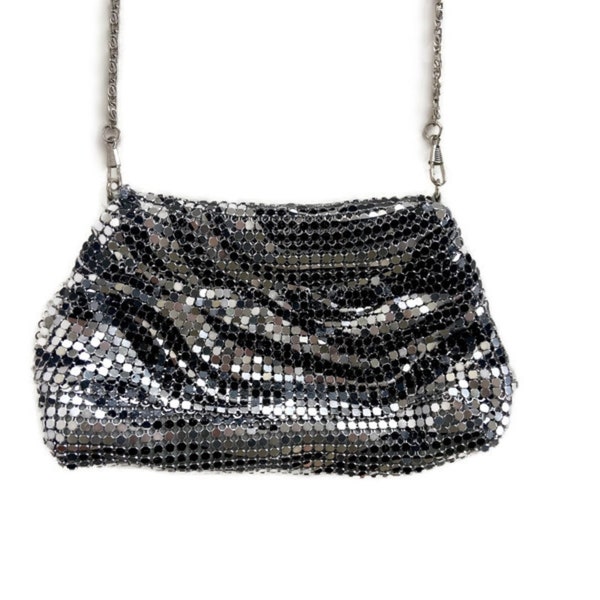 90s Liquid Metal Chainmail Purse, Mesh Silver Zebra Print Evening Bag