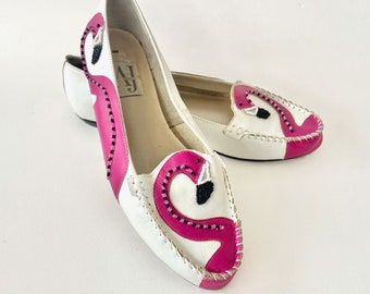 Flamingo Theme 1980s White Leather Shoes, 80s Aesthetic Resort Wear Summer Loafers