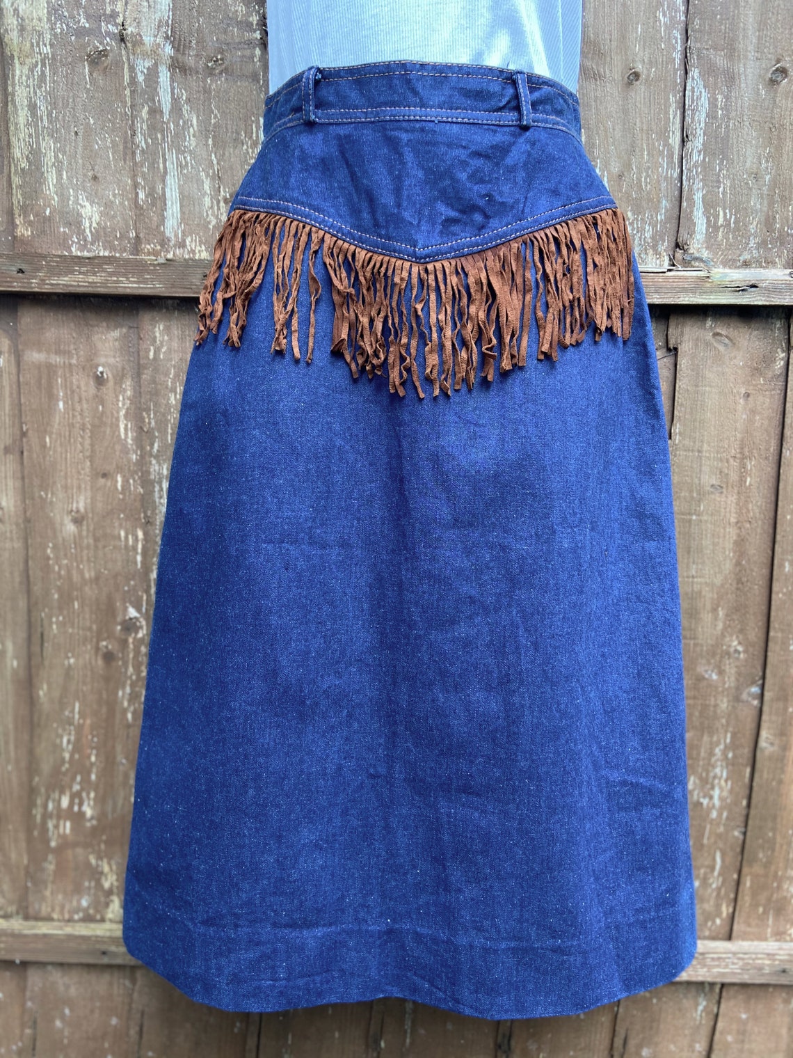 70s Denim Skirt Western Vintage Denim Skirt Fringed High Etsy