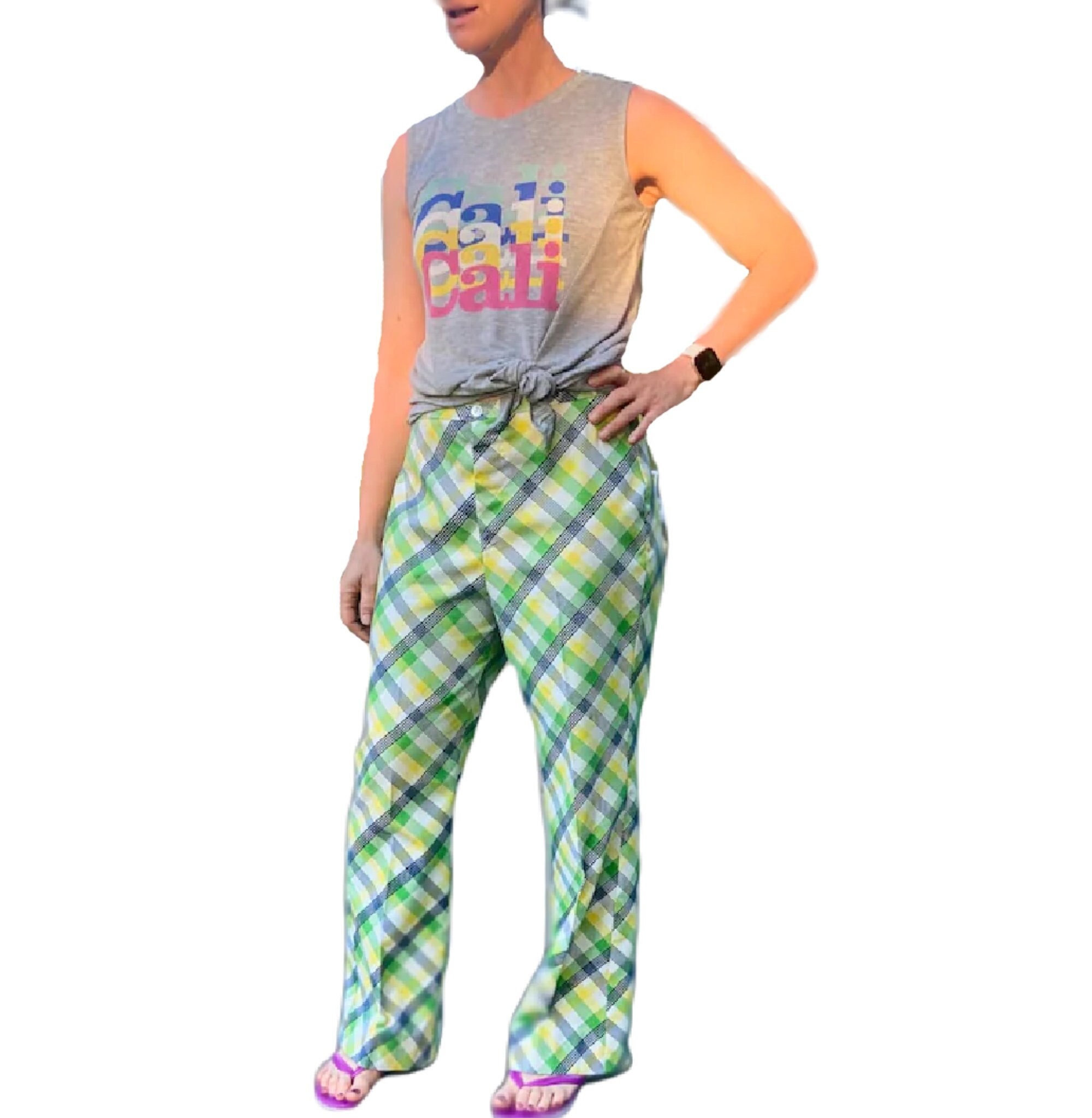 1960s Plaid Cotton Trousers: Vintage Preppy Straight Leg Pants (Size 6-8)