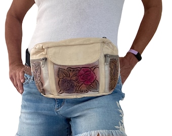 Vintage Fanny Pack Tooled Leather Bum Bag, Utilitarian 80s Street Style