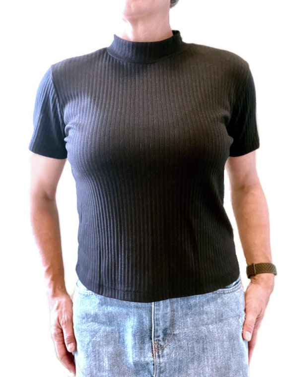 90s Mock Neck Top Boxy Tee Stretch 