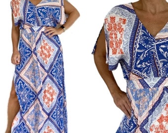 Vintage Grecian Style Print Maxi Dress, Resort Wear. L