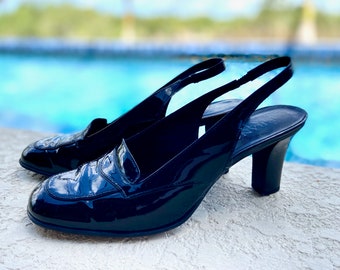 Y2K Style Franco Sarto Vintage Slingback Loafers, Black Patent Pumps, Rounded Square Toe Heels, FINAL SALE. US 6