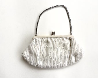 Vintage 1960s White Metallic Satin Clutch with Chain & Frame