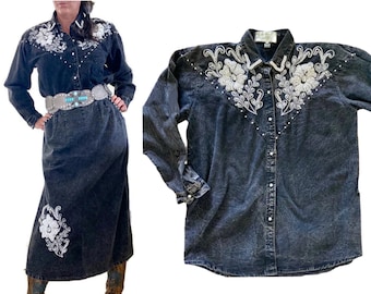 Robe western vintage des années 80, assortie sépare, robe de cow-girl vintage en denim délavé à l'acide. L. États-Unis 12. 14