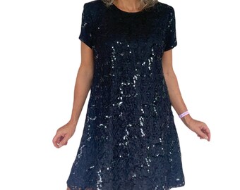 Black Sequin 90s Mini Dress, New Years Eve Cocktail Dress, US 10, UK 14