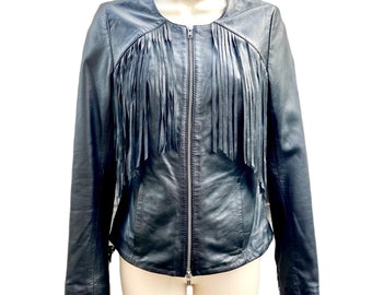 Black Fringe Jacket, Y2K Fringed Jacket, Black Leather Jacket, Western Boho Jacket, Rock and Roll Style. XXS, XS, 0, 2
