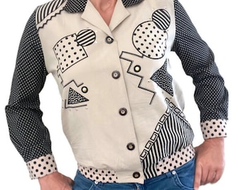 80s Geometric Print Shacket Blouse: Embellished Vintage Top (S/M)