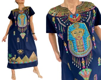 Egyptian Theme Beaded Kaftan, Embellished Patio Dress, Hand Painted. L. XL