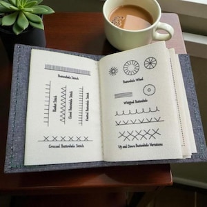 May include: Open book with hand-drawn illustrations of various sewing stitches, including blanket stitch, and buttonhole variations. The book is on a wooden surface, next to a cup of coffee and a small potted plant.