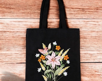 Beginner Embroidery Kit Bag Flowers | Modern Embroidery Kit Cross Stitch | Gift For Her | Needlepoint Kit | DIY Craft Kit | Learn To Sew