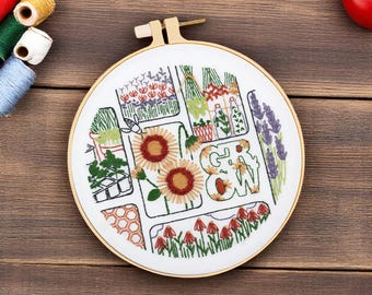 DIY Garden Embroidery Kit Sunflowers, Herbs & Flowers | Beginner Stitching Kit with Hoop and Instructions | Grow Theme Art | Home Decor