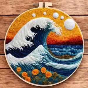 May include: A circular embroidery hoop with a colorful depiction of a large wave crashing against a yellow and orange sunset. The wave is made of blue, white, and green yarn, and the sunset is made of yellow, orange, and red yarn.