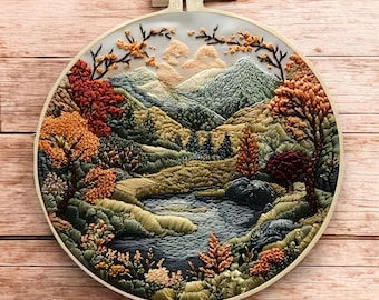 May include: Embroidered hoop art depicting a landscape scene with mountains, a river, and trees in shades of green, brown, and blue.