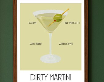 Dirty Martini Cocktail Print Digital Download : Cocktail Ingredients Poster, Bar Cart Decor, Kitchen Art, Instant Download - Print Yourself