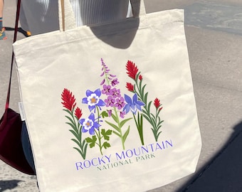 Rocky Mountain National Park Wildflower Tote Bag, Hand Drawn and Made to Order, 100% Organic Cotton Canvas Shoulder Bag, Outdoor Hiking Gift