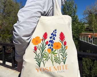Yosemite National Park Wildflower Tote Bag, Hand Drawn and Made to Order, 100% Organic Cotton Canvas Shoulder Bag, Outdoor Hiking Gift