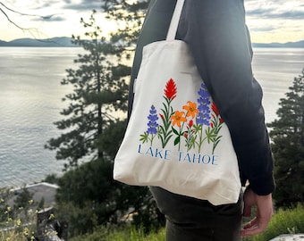 Lake Tahoe Wildflower Tote Bag, Hand Drawn California Flower Gift , Made to Order, 100% Organic Cotton Canvas Shoulder Bag, Outdoor Hiking
