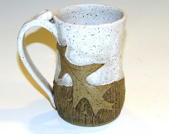 White Mug with Oak Leaves and Textured Lower Portion