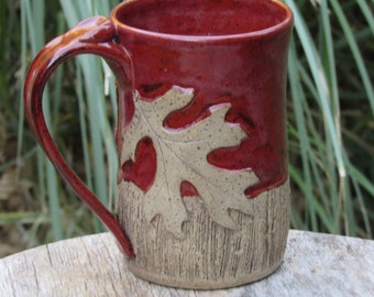 Mug with Oak Leaves /Large Mug/ Red Mug With Texture