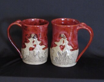 Mug with Oak Leaves and Acorns/Large Mug/ Red Mug With Texture