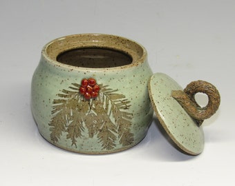 Wheel Thrown Sugar Dish with Bough and Red Berries, Small Lidded Jar