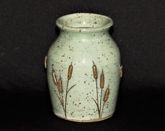 Cattail bud vase, green vase, small vase, wheel thrown pottery, hand made
