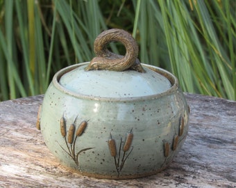 Green Sugar Dish / Salt Cellar with Cattails