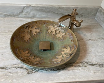 Vessel Sink with Oak Leaves and Acorns, Made To Order, Custom Sink, Hand Made, Wheel Thrown, Sink Basin, Rustic, Farmhouse