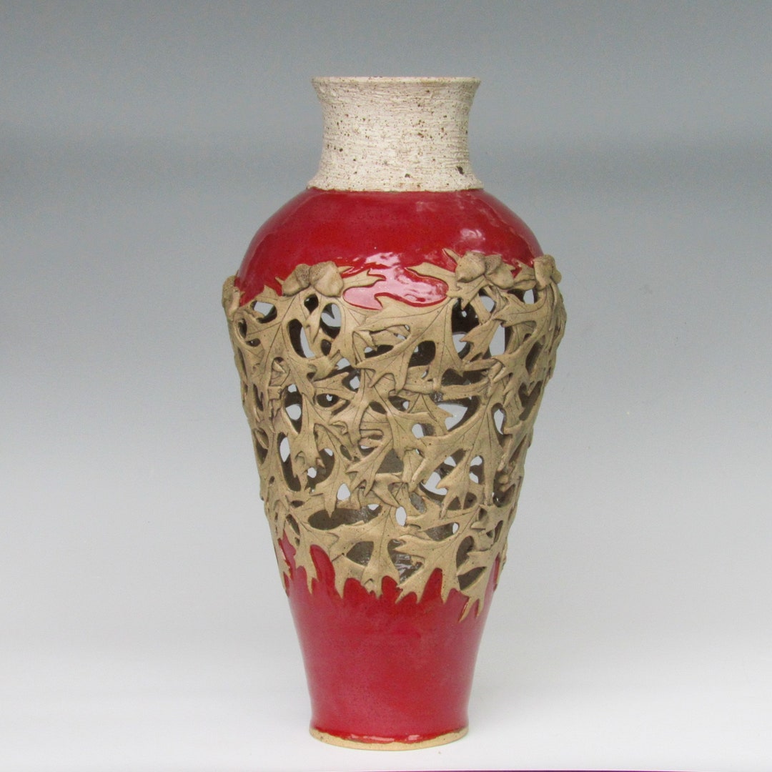 Large Red Carved Vase Cut Out Vase Vase With Oak Leaves Etsy