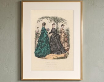 Antique Fashion Plate to Print at Home: High-Resolution Restored Original Engraving La Mode Illustrée 1869 for Wall Decor