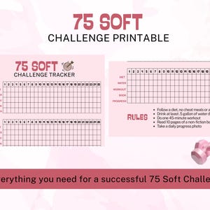 Könnte beinhalten: Ein rosa Druck mit dem Text "75 SOFT CHALLENGE PRINTABLE" und "75 SOFT CHALLENGE TRACKER". Es enthält Tabellen zur Verfolgung von Ernährung, Wasser, Training, Lesen und Fortschritt. Das Bild zeigt auch rosa Hanteln und Regeln für die Herausforderung.